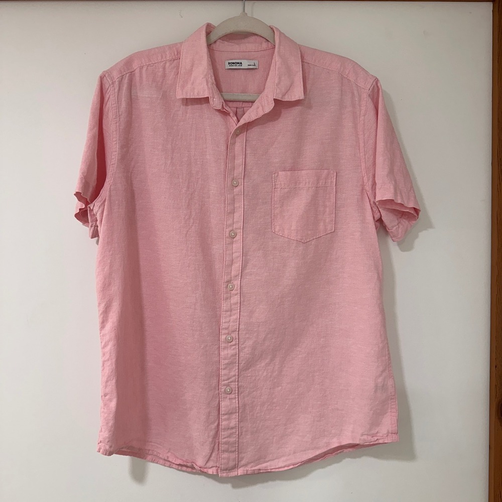 Sonoma Linen Blend Button Down Shirt Mens Large Pink Short Sleeve | Coastal